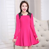 时尚显瘦蕾丝拼接长袖连衣裙优雅气质修身A字裙，女装连衣裙，蓝诺裳