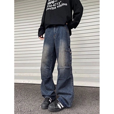 港风春夏款男牛仔裤工装大口袋渐变色褶皱宽松长裤nk1126P53，男装牛仔裤，星座1013-1