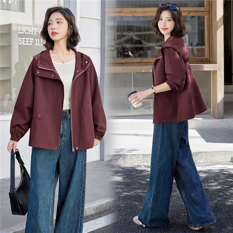 2025春秋新款小个子宽松休闲气质百搭粉色连帽工装冲锋衣外套女,女装短外套,依万里