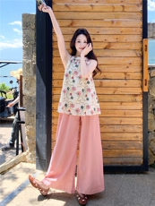 复古重工刺绣挂脖碎花背心阔腿裤两件套2026夏季新款超好看的套装，女装套装/套裙，冬木谷雨