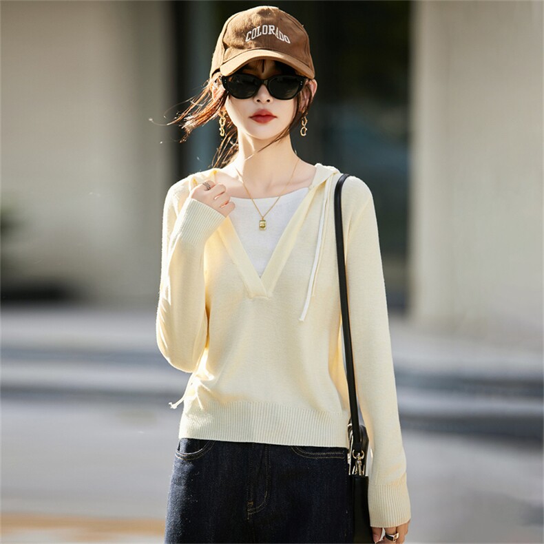 简约撞色连帽针织衫女2025秋季新款上衣假两件带帽毛衣外套打底衫，女装针织衫/毛衣，菲奥羊绒