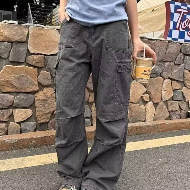 欧美复古中腰阔腿工装裤子男春秋冬新款辣妹设计感宽松直筒牛仔裤,男装牛仔裤,四季星座505