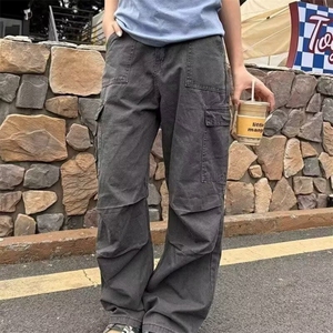欧美复古中腰阔腿工装裤子男春秋冬新款辣妹设计感宽松直筒牛仔裤图片
