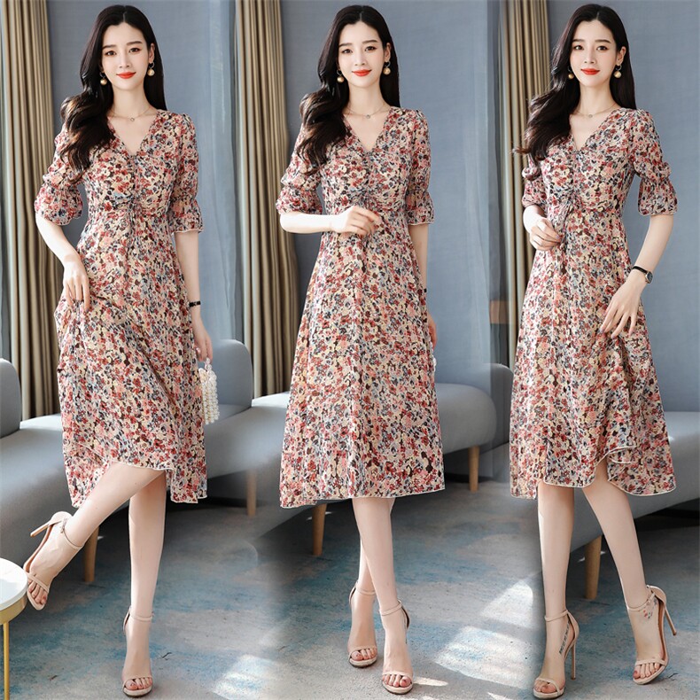 2021新款夏款小个子中长款复古V领碎花雪纺连衣裙，女装连衣裙，瑶迪依秀