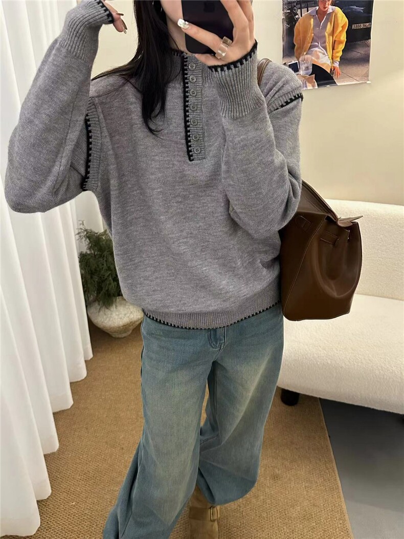 2025年冬季假两件纽扣半高领套头针织打底衫女,针织衫/毛衣,臻纶羊绒