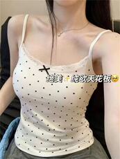 纯精棉针织内搭外穿波点纯欲拼接蕾丝修身显瘦吊带女，女装背心吊带，梦白服饰厂