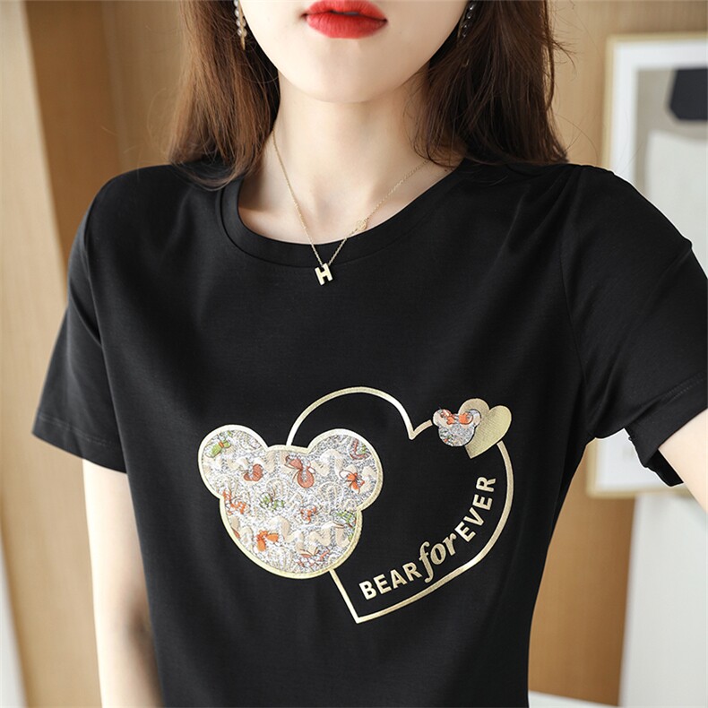 高支高密100丝光棉圆领烫画字母米老鼠夏季时尚小众个性棉T恤上衣，女装T恤，元素羊绒