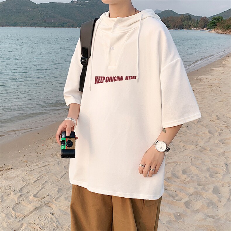 LD54071-P45连帽短袖t恤男大码胖子带帽五分袖中袖,男装T恤,电商A040