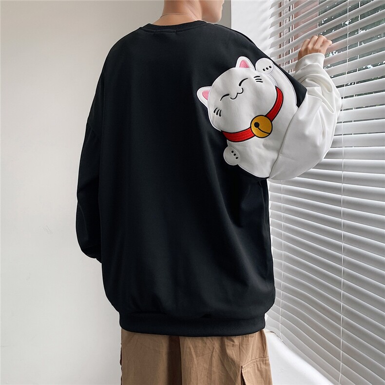 春秋圆领卫衣男招财猫刺绣卫衣港风中性宽松百搭1016-1WY077P35,男装卫衣,星座1016-1（原电商B408-1）