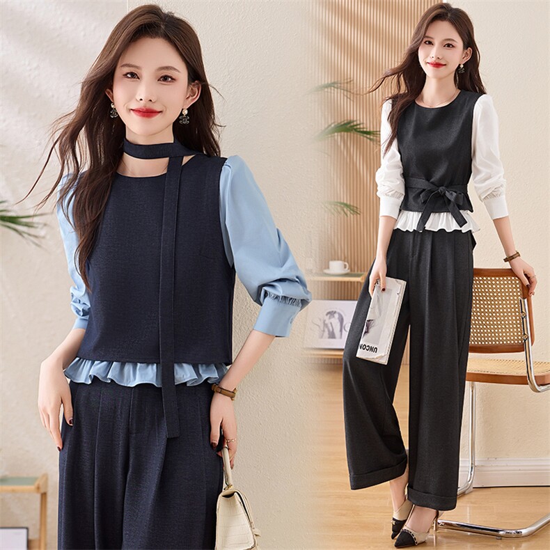假两件上衣配阔腿裤套装女2026春新款气质女神范收腰显瘦两件套，女装套装/套裙，美沁