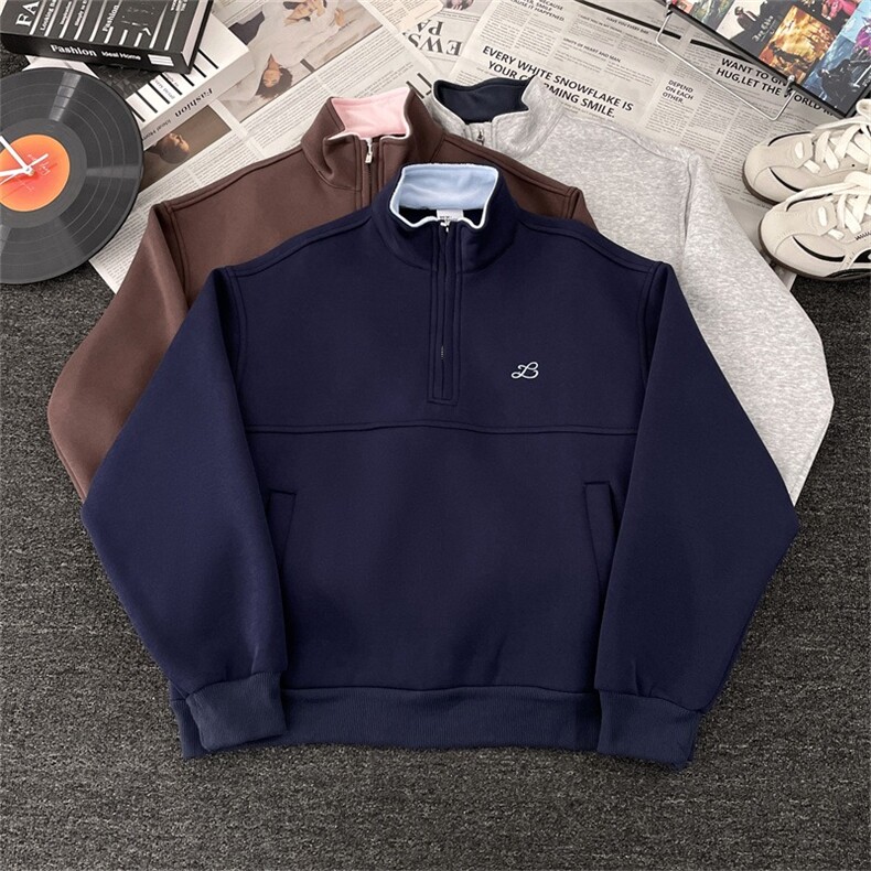 美式重磅撞色半拉链刺绣卫衣男女秋季chic慵懒感立领外套宽松上衣，女装短外套，星座601-1