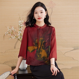 新中式中老年重磅真丝半袖上衣夏季妈妈女桑蚕丝时尚T恤衫图片