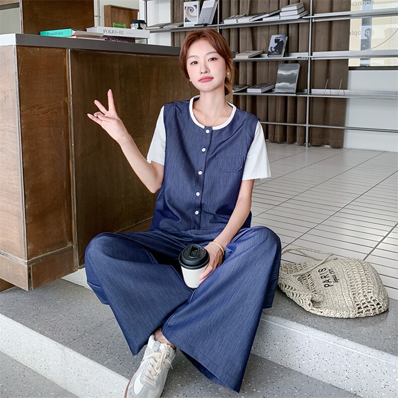 牛仔套装女2025夏季新款休闲气质穿搭宽松慵懒风时尚阔腿裤两件套,女装套装/套裙,2D080