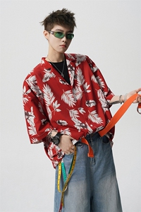 8XL-M 冰丝凉感衬衣垂感透气复古花纹宽松男五分袖短袖衬衫CS526图片