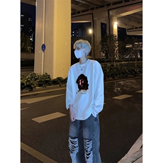 美式复古耶稣头像印花长袖T恤小领口打底衫，男装T恤，星座310A-4