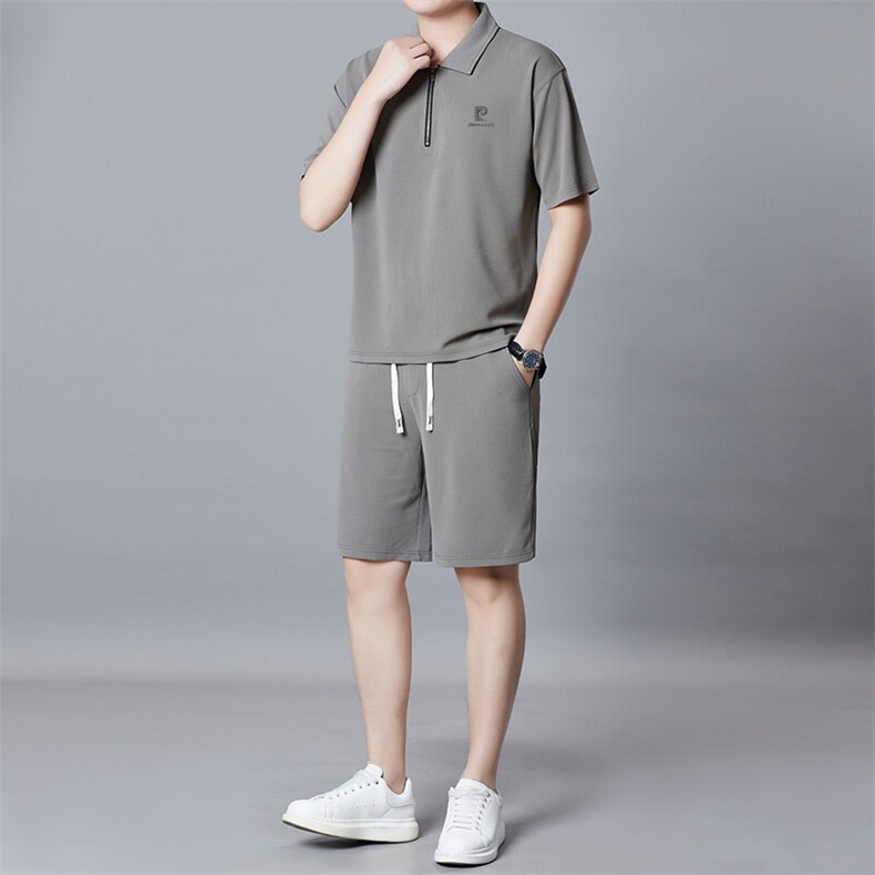 夏季男士短袖短裤套装简约时尚运动翻领套装休闲拉链两件套男装,男装休闲套装,钱塘6003（原4033）
