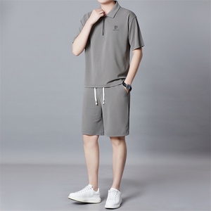 夏季男士短袖短裤套装简约时尚运动翻领套装休闲拉链两件套男装图片