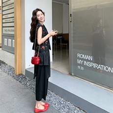 黑色法式复古温柔风印花无袖上衣套装女2025夏季新款阔腿裤两件套，女装套装/套裙，2C115