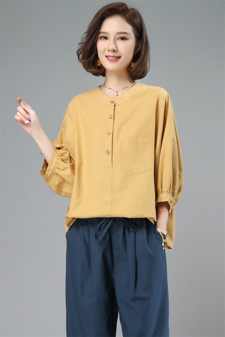 棉麻女夏2025新款小个子中年妈妈大码时尚洋气减龄亚麻，女装衬衫，奕阳依阁