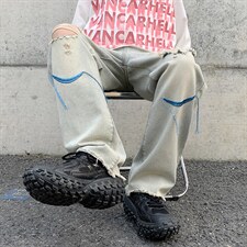 韩版破洞牛仔裤2023夏季新款美式街头直筒休闲阔腿裤K3404-P42，男装牛仔裤，星座512-2