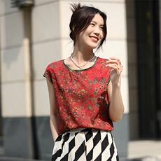 新款爆款无袖吊带真丝3D印花大码女士精品内搭性感圆领领高档背心，女装衬衫，朝贺羊绒