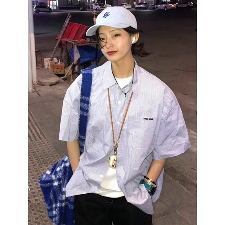 网图现货美式宽松条纹短袖衬衫男女CS14/P35,男装衬衫,星座205-3