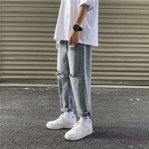 现货港风chic韩版休闲九分裤简约破洞牛仔裤修身小脚裤  KZ11图片