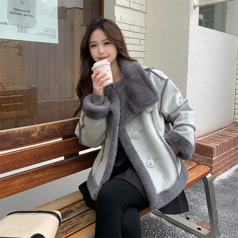 韩版高级感皮毛一体加厚外套女2025冬季新款宽松小个子麂皮绒外套,女装短外套,2C129