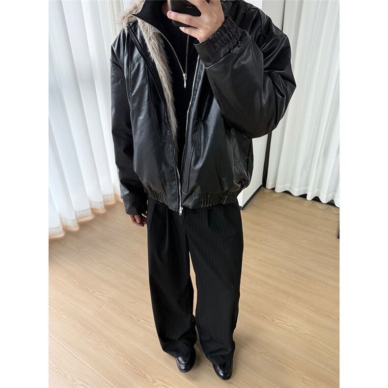 美式PU皮衣兔毛座山雕棉服外套W1871/特P110,男装皮衣,电商B350