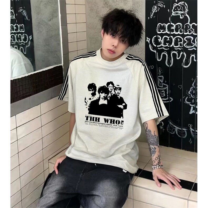 抖音得物品质二开240克宽松纯棉美式潮牌印花三条杠中性风短袖T恤,男装T恤,电商A486-1