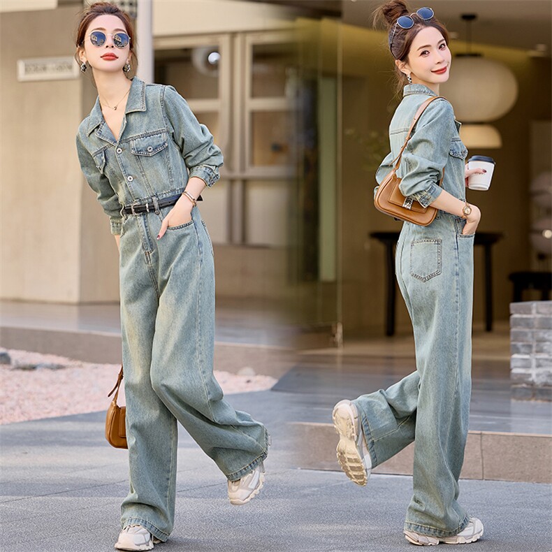 （新款现货）欧货复古西装2026春秋时尚炸街显瘦阔腿牛仔连体裤，女装连体裤，印象茜