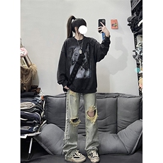 B221美式ins高街暗黑系小众拉链直筒牛仔裤LK23073-P65控88，男装牛仔裤，电商B221