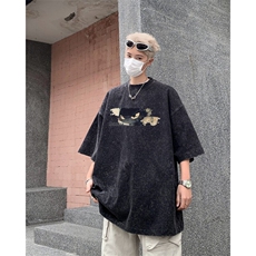 水洗纯棉小领口短袖T恤男夏季潮牌卡通猫咪宽松大码情侣半袖体恤，男装T恤，星座517A-2