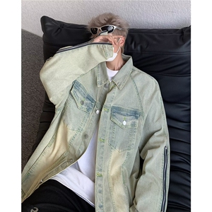 美式高街Vibe黄泥做旧水洗翻领牛仔夹克男FOG拉链外套男 JK8887图片