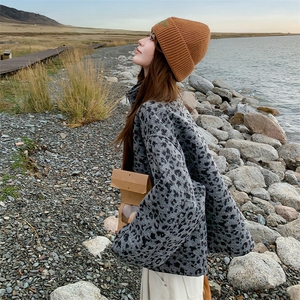 美式复古豹纹立领毛呢外套女2025年秋冬季新款高级感慵懒宽松上衣图片