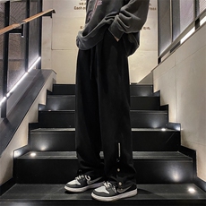 麂皮绒休闲排扣卫裤男秋冬潮流黑色宽松长裤运动直筒裤子~X092，男装休闲裤，星座601-2