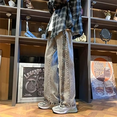 vibe风炸街男裤ins潮牌拉链牛仔裤小众设计感ootd拖地裤N5077-p50，男装牛仔裤，星座1008-1