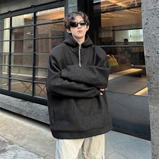 羊羔毛呢连帽卫衣垫肩秋冬高领拉链设计潮牌外套871P88，女装短外套，电商A458A