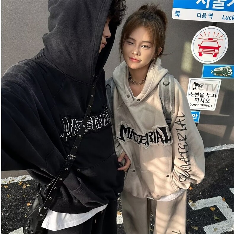 新款潮流美式复古擦脏废土风涂鸦连帽卫衣男秋冬款潮牌情侣装帽衫图片