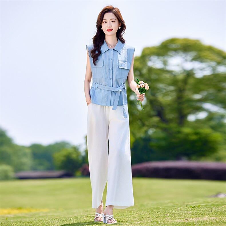 高级感时尚套装女气质无袖衬衫夏季新款收腰显瘦阔腿裤休闲两件套,女装套装/套裙,靓衣阁