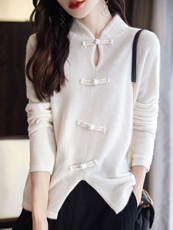 2025年秋季通勤单件长袖七针盘扣前开叉长袖，女装羊毛衫，三莲羊绒