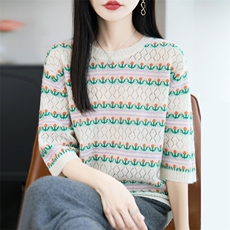 100%羊毛衫女圆领提花镂空钩花五分袖针织T恤女拼色软糯宽松上衣，女装羊毛衫，大美人包芯纱店