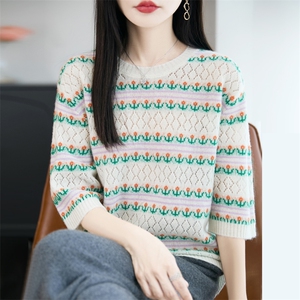 100%羊毛衫女圆领提花镂空钩花五分袖针织T恤女拼色软糯宽松上衣图片