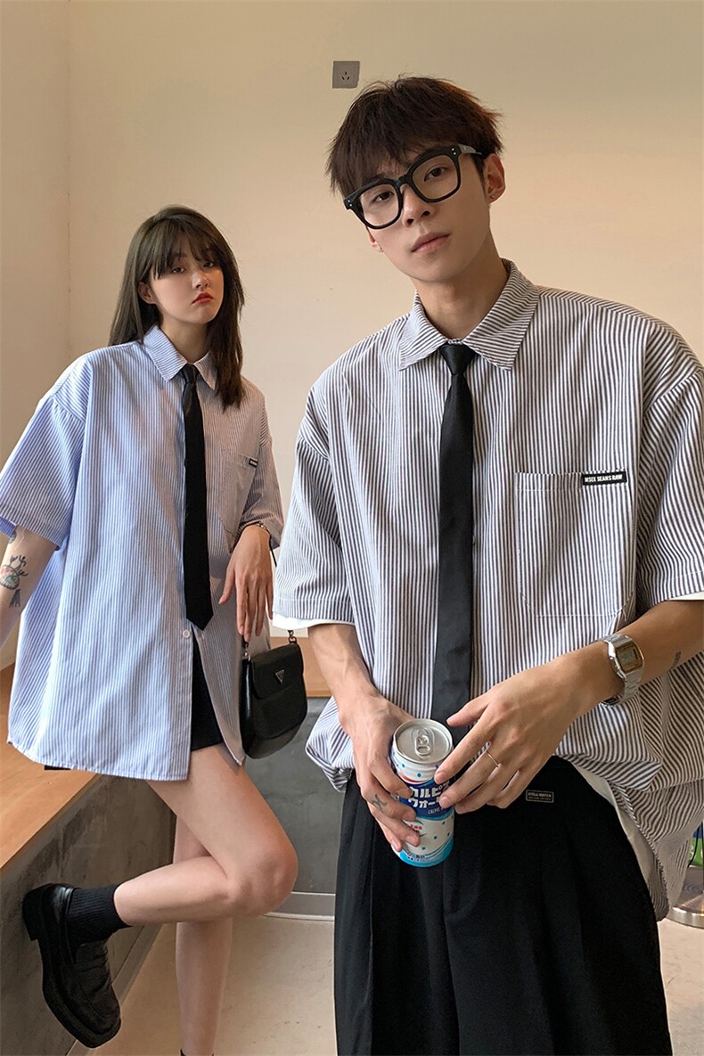 情侣装夏装2026新款短袖衬衫港风男女半袖衬衣团购HK14-P43领带3,男装T恤,电商A233-1