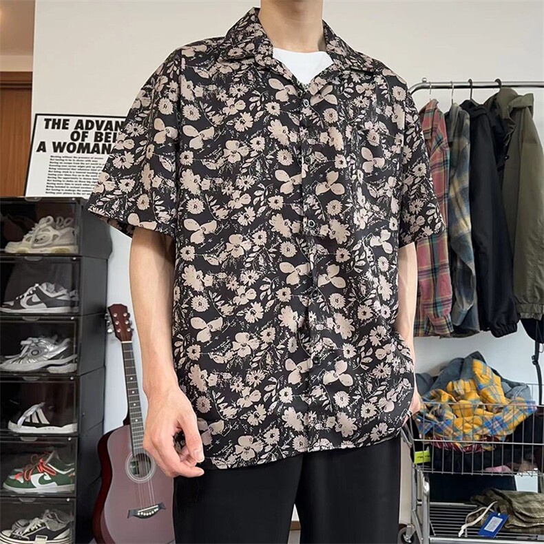 男女同款小众设计简约复古翻领黑花短袖衬衫DX101-特P30限价48,男装衬衫,电商A178