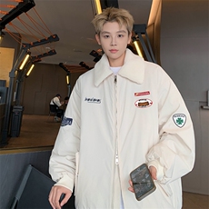 机车风拼接外套男冬季加绒加厚保暖宽松潮流高级感慵懒风棉服夹克，男装棉衣，电商A001-1