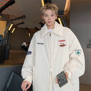 机车风拼接外套男冬季加绒加厚保暖宽松潮流高级感慵懒风棉服夹克图片