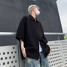 褶皱纹理解构拉链翻领黑色防晒衬衫衬衫休闲上衣男C4545，男装衬衫，星座1116A-1（原606A）