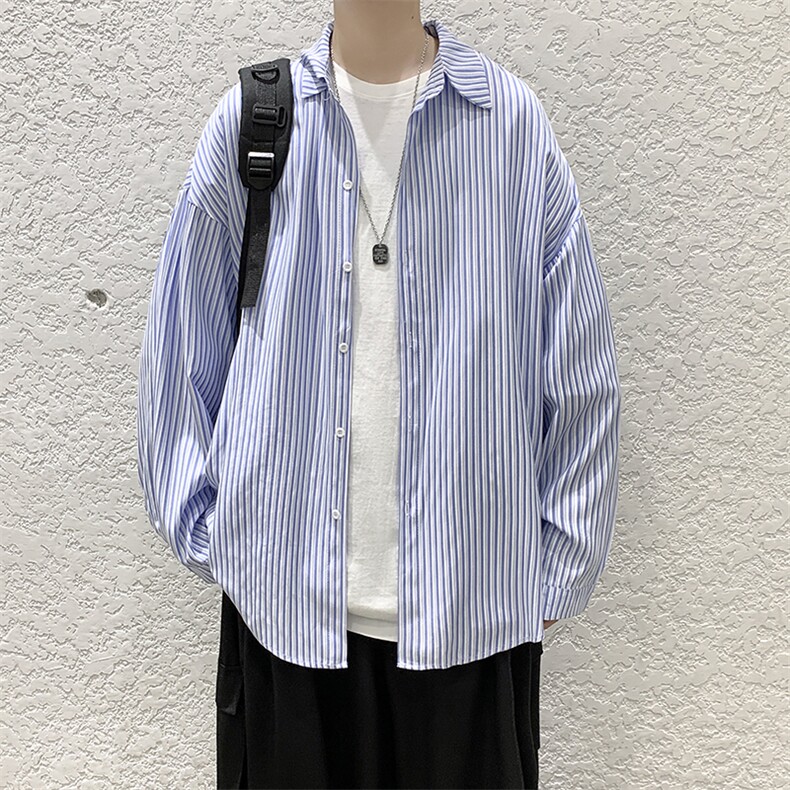 现货秋款男装条纹宽松潮流休闲长袖衬衫上衣D201-DM85-P45,男装衬衫,电商D321-1
