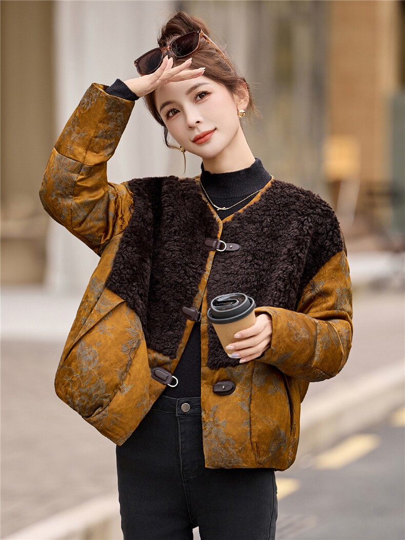 提花人丝皮毛羽绒一体高端时尚流行白鸭绒羽绒服复古风保暖款,女装羽绒服,布芭啦